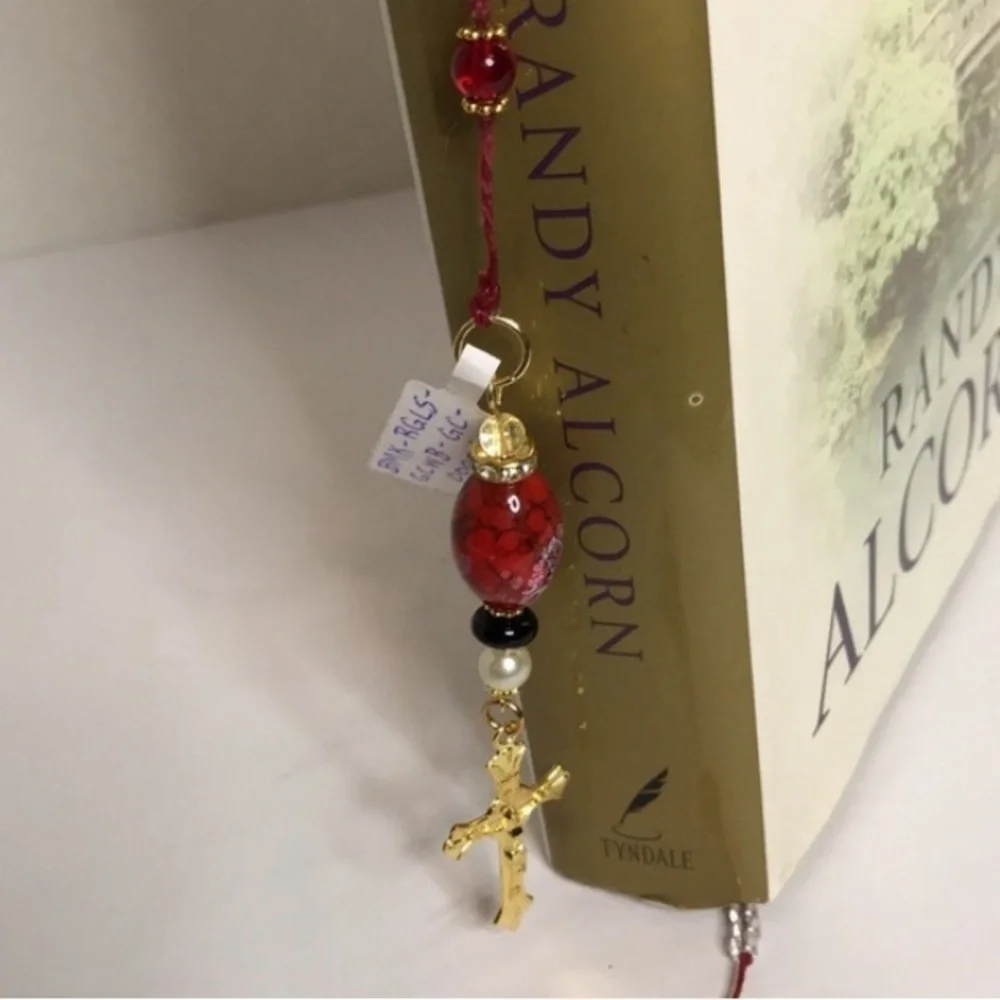 ECCENTRIC HANDCRAFTED Red/White/Black Beaded Bookmark w/Golden Cross